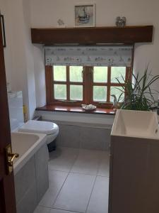East BudleighDelightful Devon Cottage的一间带卫生间、水槽和窗户的浴室