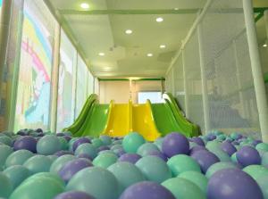宜兰市宜兰悦川酒店的一个带紫色和绿色滑梯的儿童游戏室