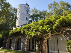 索米尔Chambres d'hôtes La Tour de Bellevue的一座建筑的顶部有一座塔楼