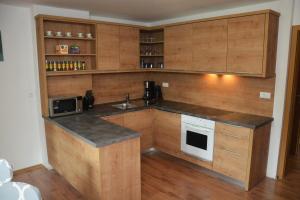 博希尼Arh公寓的厨房配有木制橱柜和台面
