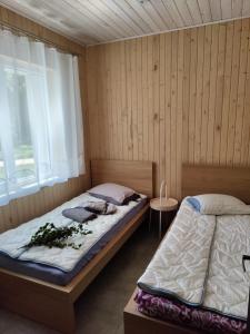 阿格洛纳Zvaigznītes的配有木墙和窗户的客房内的两张床