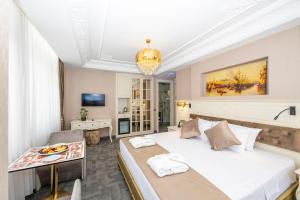 伊斯坦布尔Moonlight Elegance Boutique Hotels的酒店客房设有两张床和一张桌子。