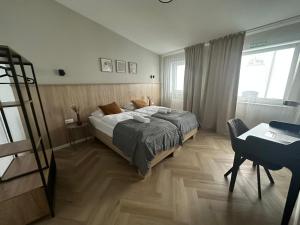 汉诺威Aparthotel Lenau的一间卧室配有一张床、一张桌子和一张书桌