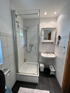 格拉尔-米里茨Ferienwohnung Gänseweg的带淋浴、浴缸和盥洗盆的浴室