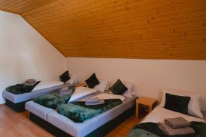 高塔特拉山Jambrichova chata的木天花板的客房内设有三张床