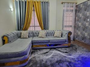 RuakaSweet Homes Apartment Near all Embassies的客厅设有蓝色的沙发和窗户。