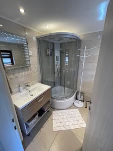 克拉尼斯卡戈拉Apartma Devs的带淋浴、盥洗盆和卫生间的浴室