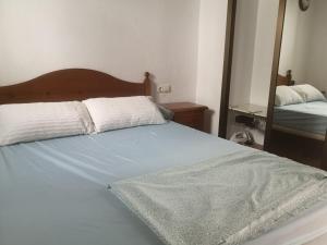科尼尔-德拉弗龙特拉Sol y playa的一间卧室配有一张带镜子的蓝色床