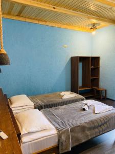 瓦尔齐亚Tsotne's kingdom的蓝色墙壁客房的两张床