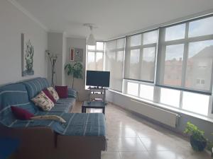 希韦罗Albergue Camiño Real的客厅配有蓝色的沙发和电视