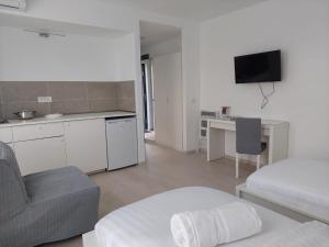 蒂米什瓦拉Casa Maria City Apartments的厨房以及带1张床和书桌的起居室