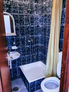 蒂瓦特Peaceful, Cosy Tivat Guesthouse的蓝色瓷砖浴室设有卫生间和水槽