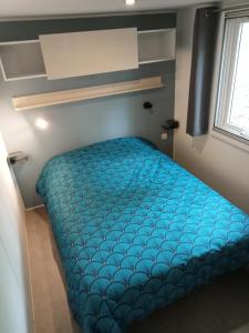Bretagne-dʼArmagnacMobile Home的一间小卧室,房间内设有一张蓝色的床