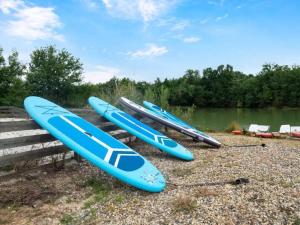 Bretagne-dʼArmagnacMobile Home的四个冲浪板在湖边的长凳上排成一排