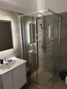 BelshPerla e Dumrese, Bar-Restaurant-Hotel的一间带玻璃淋浴和水槽的浴室