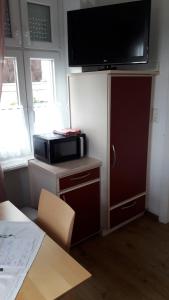滨湖施图本贝格Ferienwohnung Ronja的一间配有微波炉的房间和橱柜上的电视