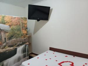 莫埃达Pousada Maravilhas da Serra的卧室配有一张床铺,墙上配有电视