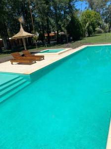 雷孔基斯塔Quinta Las Flores的一个带2个长椅和遮阳伞的游泳池