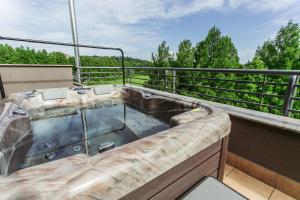 赫维兹莲花温泉酒店的树木阳台的热水浴池