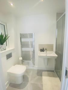 曼彻斯特Stylish New Built的白色的浴室设有卫生间和水槽。