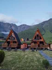 卡兹贝吉Kazbegi Spa Resort Cottages的山间小屋,背景是群山