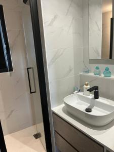 拉罗谢尔Bubble House的白色的浴室设有水槽和淋浴。