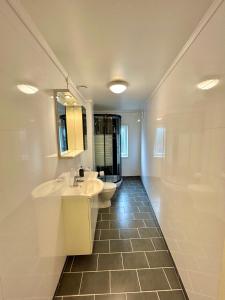 腓特烈斯塔Gjestehuset Borggata 18的浴室设有2个水槽、卫生间和镜子。