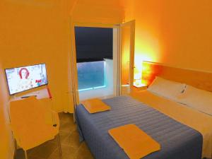罗迪-加尔加尼科Albergo Lido Diomedee的一间卧室设有一张带电视和窗户的床。