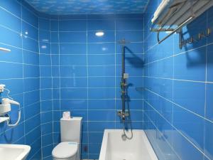 第比利斯Hotel Lilo near Airport的蓝色瓷砖浴室设有卫生间和水槽