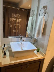 圣地亚哥Hermoso Depto en sector alto de Las Condes的浴室设有白色水槽和镜子