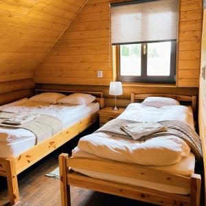VidrižiKundziņu salas的小木屋内的两张床,设有窗户