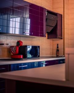 普洛耶什蒂MOZART RESIDENCE PLOIEȘTI Family and Business Apartment的厨房配有紫色橱柜和红色用具