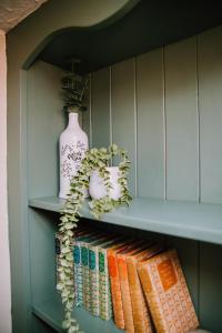 滨海凯斯特Pebbles Cottage的书架上书本和花瓶