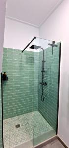库列拉Loft el Baix - Cullera的一间铺有绿色瓷砖的淋浴浴室