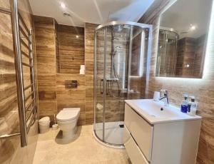 直布罗陀Luxury 1 Bed Apt - City Suites Ocean Spa Plaza的带淋浴、卫生间和盥洗盆的浴室