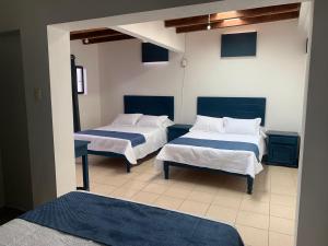 圣米格尔-德阿连德Hotel & Hostal Santuario的一间卧室配有两张带蓝白色床单的床