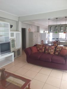 Gwa KayCampbell's living accommodations.的客厅配有紫色沙发和电视