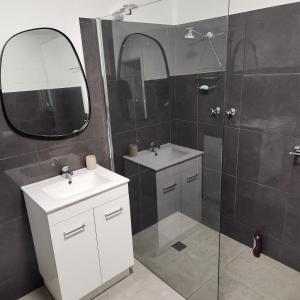 布罗肯希尔City Villa 41 Blende st Broken Hill NSW 2880的浴室设有2个盥洗盆和带镜子的淋浴。