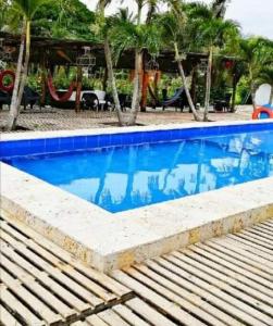 巴鲁岛Hermosa Cabaña en Isla Tierra Bomba.的棕榈树度假村旁的蓝色游泳池