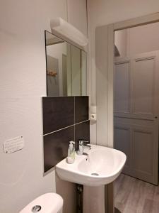 布雷斯地区布尔格La Maison du Bonheur的一间带水槽、卫生间和镜子的浴室