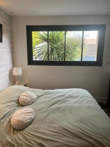 拉罗谢尔Bubble House的一张带两个枕头的床和窗户
