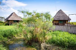 ItongaLittle Okavango Camp Serengeti, A Tent with a View Safaris的两座茅屋,茅屋在有小溪的田野