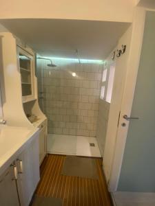马尔格拉泰艾布拉维度假屋的带淋浴和盥洗盆的白色浴室