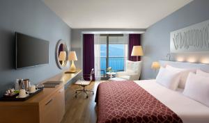 安塔利亚阿克拉酒店的酒店客房配有一张床、一张书桌和一台电视。