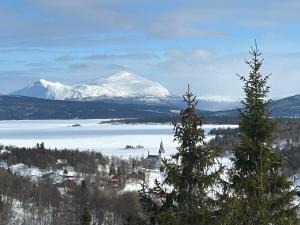 塔那比Tärnaby UpHill的享有雪覆盖的山脉和湖泊的景致。