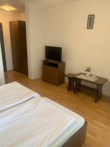 阿尔杰什河畔库尔泰亚NO COMMENT RUSTIC的客房设有一张床和一张桌子及电视