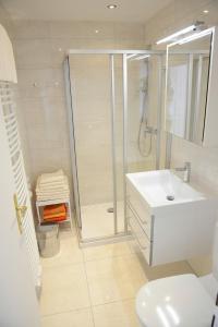 格蒙登Apartment am Traunsee的带淋浴和盥洗盆的白色浴室