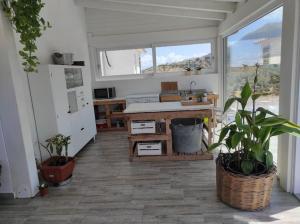 卡斯泰尔达恰Casa cardillo tra mare e monti的一间种植了盆栽植物的房间,里面还有一张床