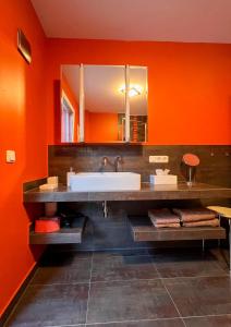 伊尔梅瑙Ferienhaus Conradshöh的浴室设有橙色墙壁和白色水槽