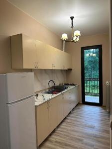 谢赫维蒂利Lilus Apartament Shekvetili的厨房配有白色橱柜和白色冰箱。